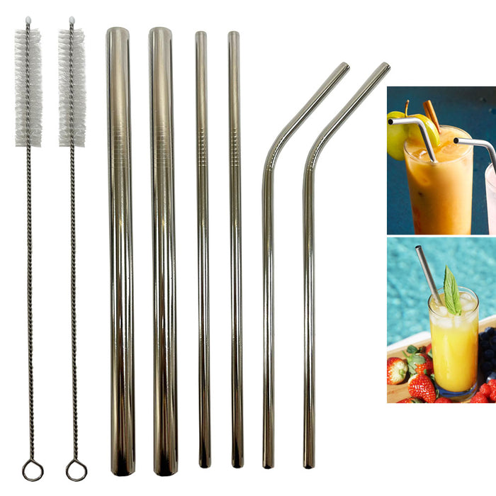 8 pc Stainless Steel Metal Reusable Cocktail Drinking Straws Cleaner Brush Set