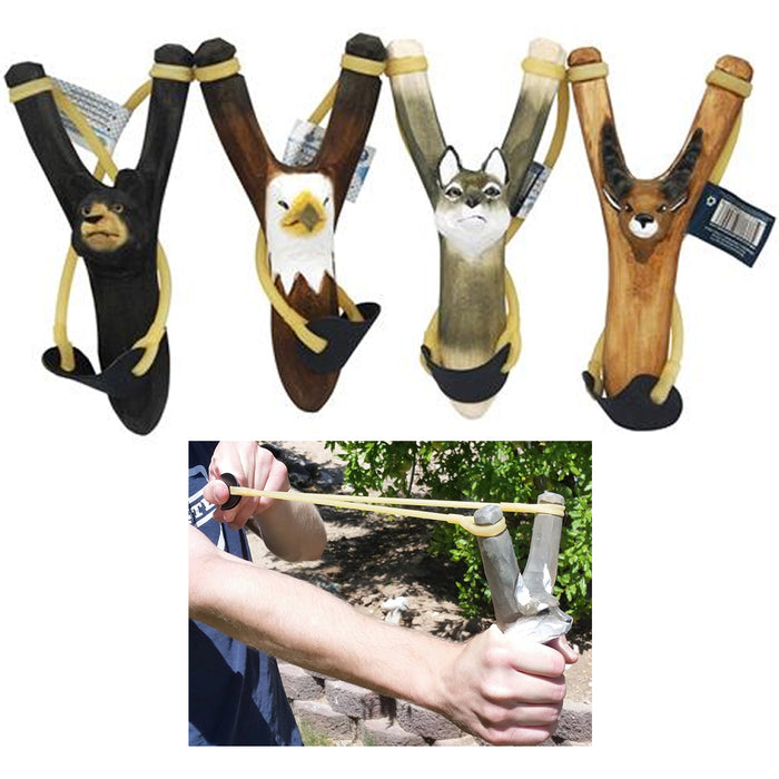 2 Hand Carved Animal Slingshot Wooden Sling Shot Catapult Deer Bear Eagle Wolf
