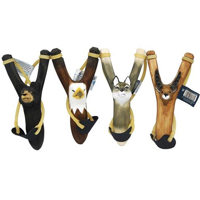 2 Hand Carved Animal Slingshot Wooden Sling Shot Catapult Deer Bear Eagle Wolf