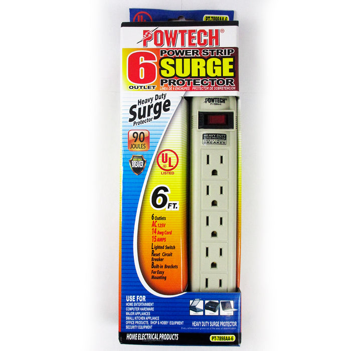 6 Outlet Power Strip 6ft Heavy Duty Cord Switch UL Breaker Surge 90 Joules New