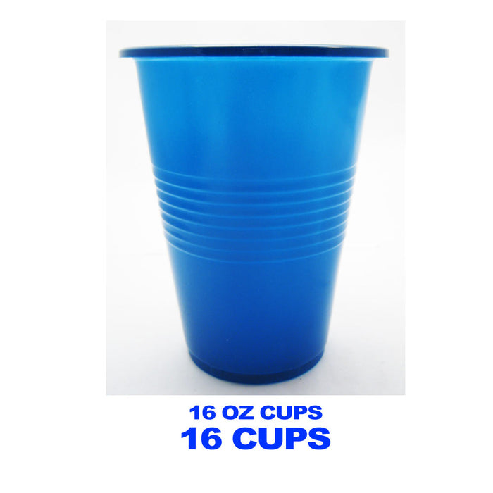 Blue Large Plastic Cups 16 Oz Reusable Big Party Disposable Hard Holiday 16 pcs