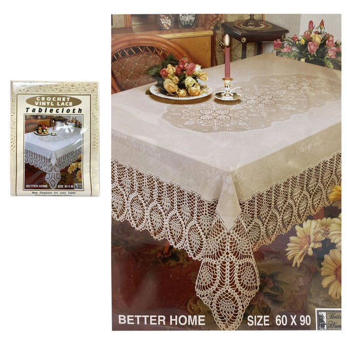 1 Beige Vinyl Crochet Tablecloth Vintage Lace Doily Cloth Rectangular 60" X 90"