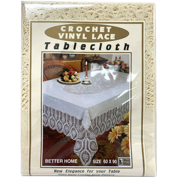 1 Beige Vinyl Crochet Tablecloth Vintage Lace Doily Cloth Rectangular 60" X 90"