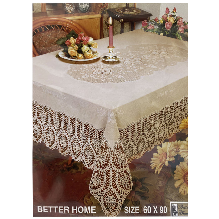 1 Beige Vinyl Crochet Tablecloth Vintage Lace Doily Cloth Rectangular 60" X 90"