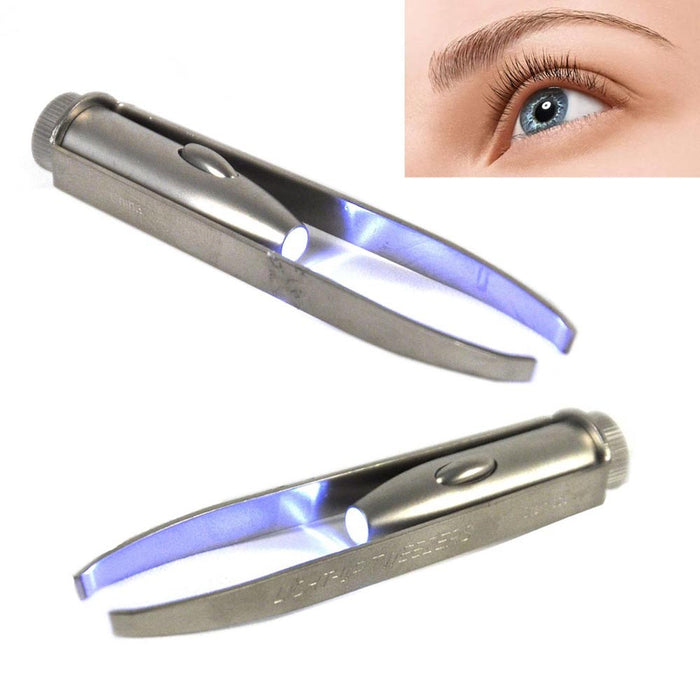 Stainless Steel Make Up LED Light Eyelash Eyebrow Hair Removal Lighted Tweezer