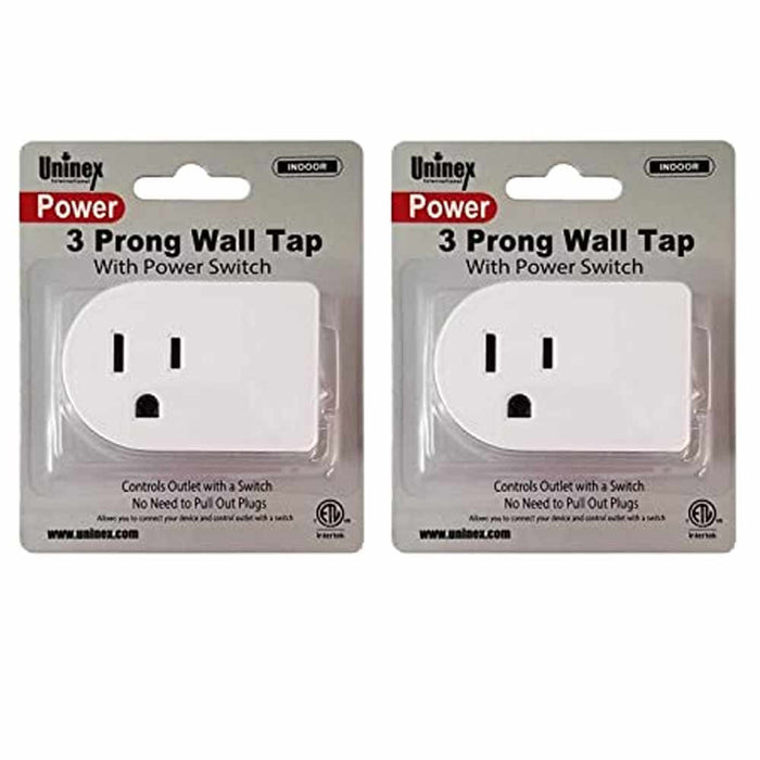2 Pc Single 3 Pronged Plug Power Adapter With On/Off Switch Grounded Wall Tap