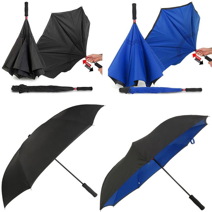2 Inverted Umbrella 46" Self Stand Windproof Double Layer Canopy Travel Reverse