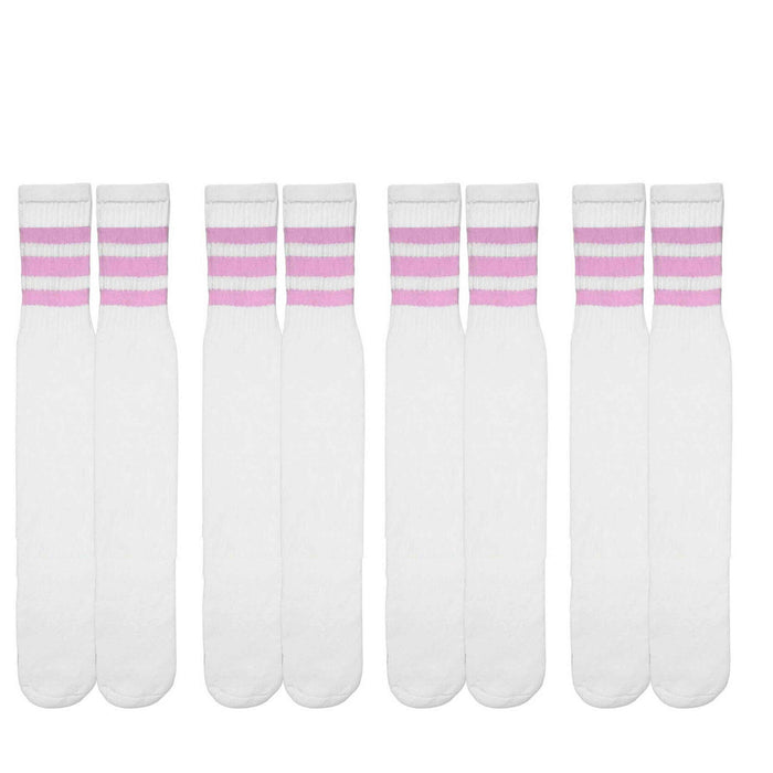 4 Pairs Knee High Tube Socks 3 Stripe Old School 24 Soccer Sport 10-15 Pink
