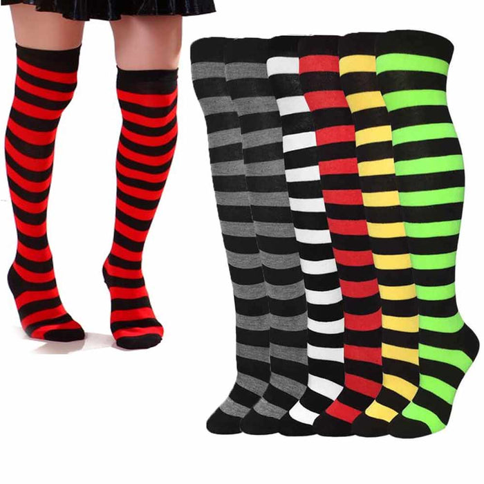 2 Pair Women Girls Long Socks Striped Over The Knee Thigh High Stocking 9-11