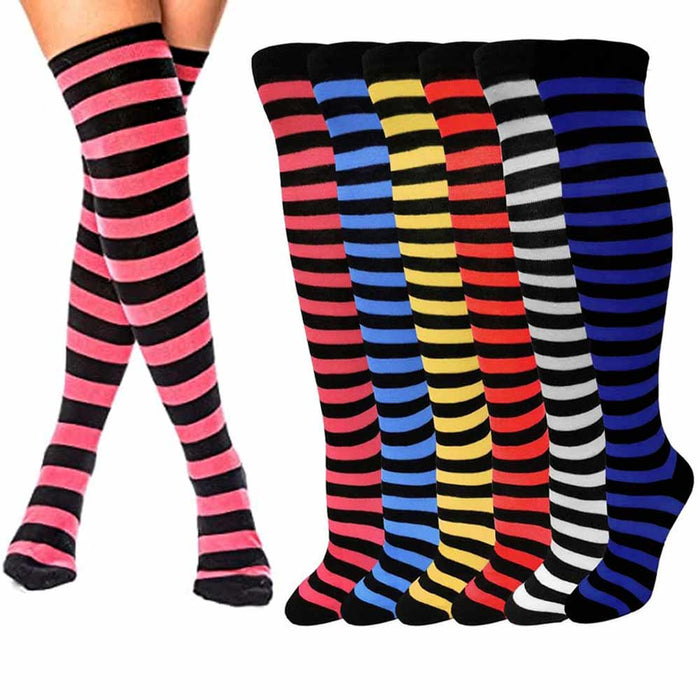 4 Pair Women Girls Long Socks Striped Over The Knee Thigh High Stocking 9-11