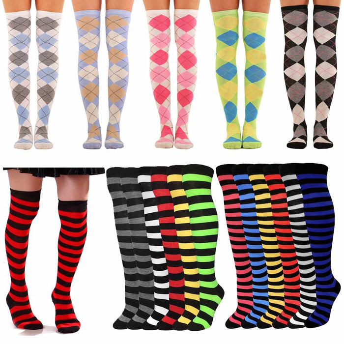 2 Pair Women Girls Long Socks Striped Over The Knee Thigh High Stocking 9-11