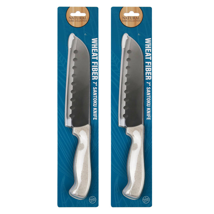 2pc Razor Sharp Knife Santoku Knife Granton Edge 7Inch Wheat Fiber Handle White