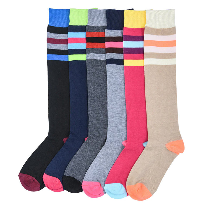 6 Pairs Knee High Socks Colorful Roller Skate Over Calf Striped 9-11 Women Girls
