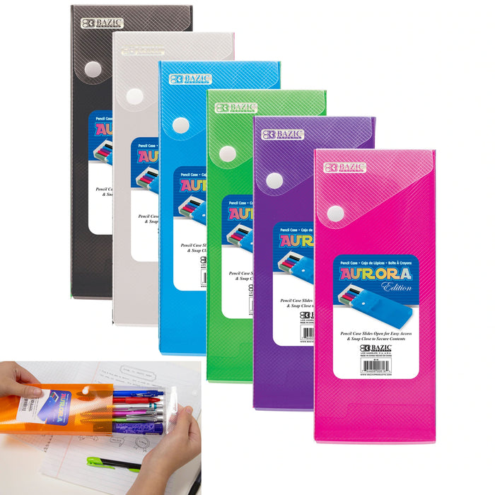 6pc School Pen Pouch Storage Box Slider Pencil Case Marker Holder Button Closure