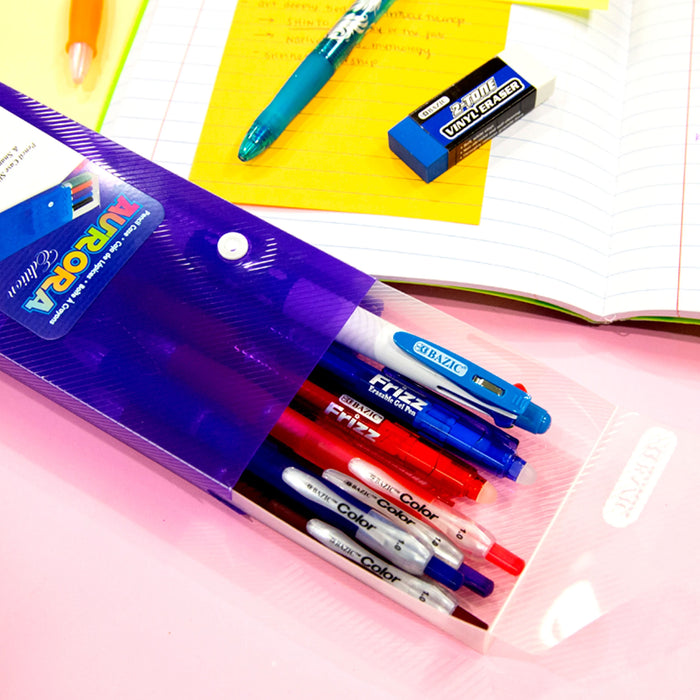 6pc School Pen Pouch Storage Box Slider Pencil Case Marker Holder Button Closure