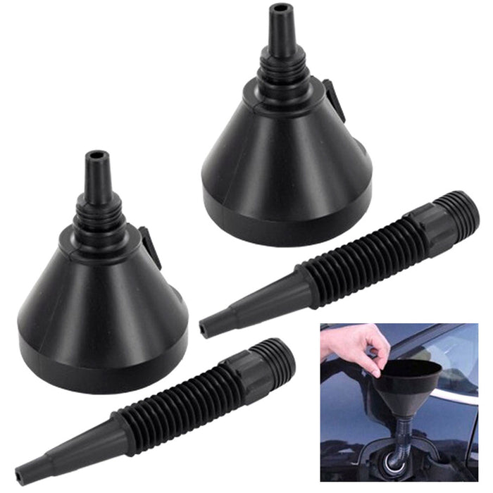 4 Pc Set Black Oil Funnel Attachment Screen Strainer Fuel Petrol Gas Flexible