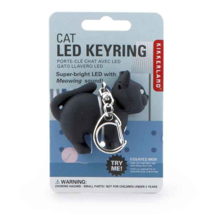 Kikkerland Black Cat LED Keyring Light Up Eyes Meowing Sound Key Chain Fun Gift
