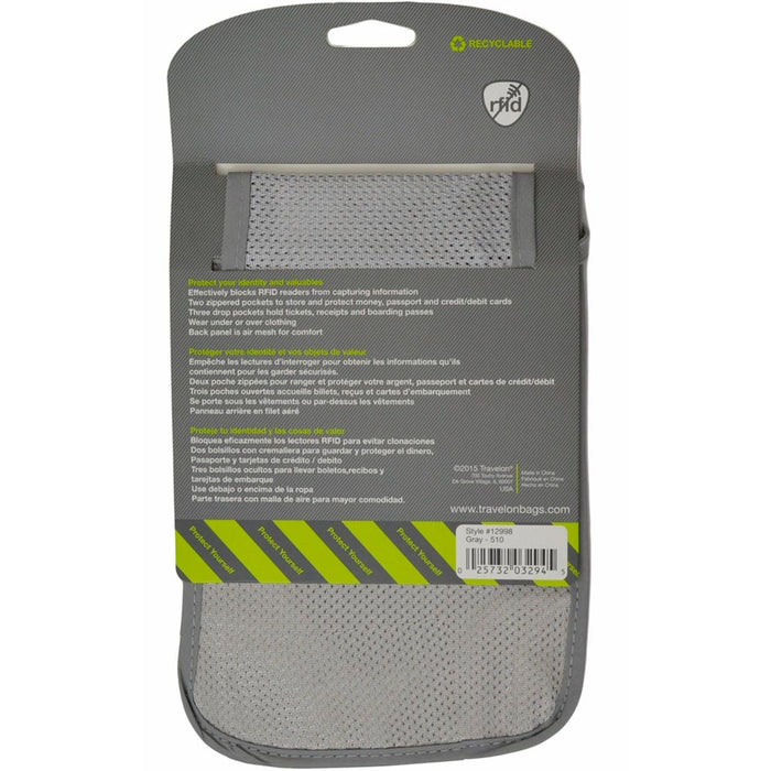 Travelon Neck Pouch RFID Blocking Passport Holder Travel Wallet ID Card Bag Grey
