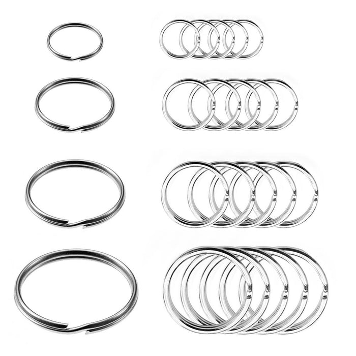 24 Pc Split Key Rings Assorted Sizes Nickel Plated Tempered Steel Chain Keyrigns