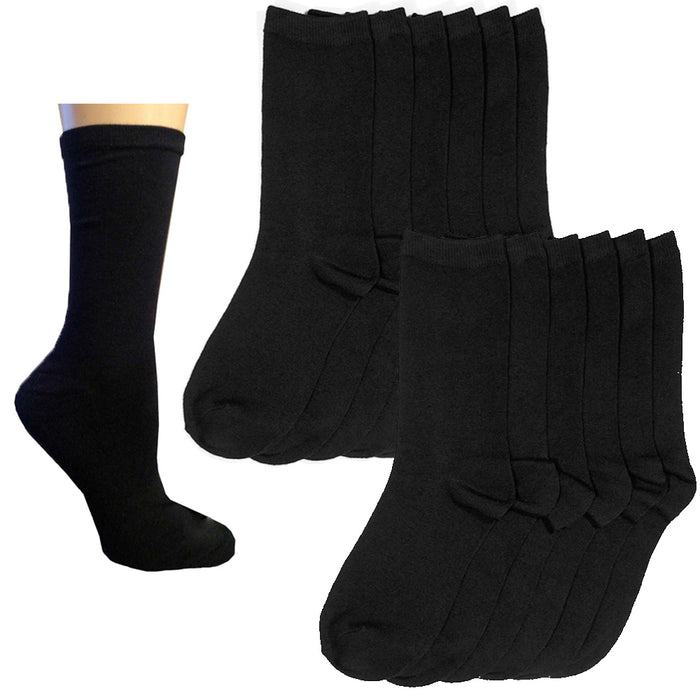 12 Pair Basic Black Knocker Calf Crew Socks Solid Unisex Casual Wear Size 9-11