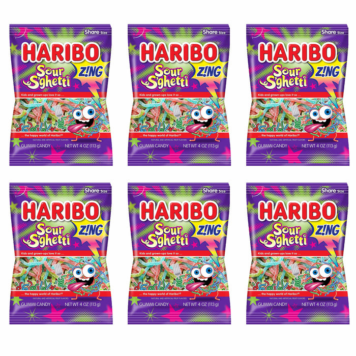 6 Bags Haribo Sour S'Ghetti Gummi Candy Gummy Chewy Candies Gummies Sweet Zing
