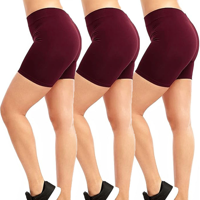 3 Pk Biker Shorts Leggings Yoga Workout Spandex Gym Athletic Seamless Burgundy