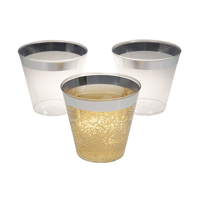 48 X Elegant Silver Rim Shot Glasses Hard Plastic Mini Cups Clear Disposable 1oz