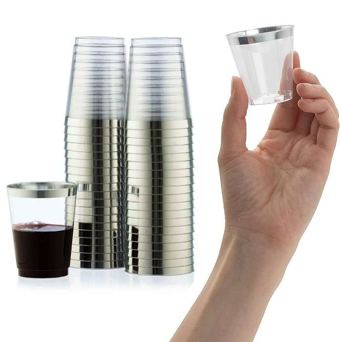 48 X Elegant Silver Rim Shot Glasses Hard Plastic Mini Cups Clear Disposable 1oz
