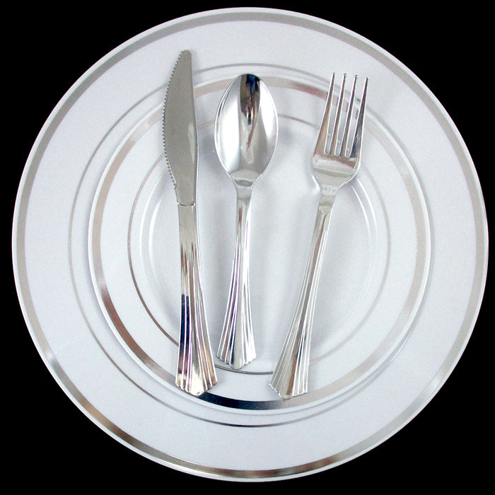 120 People Dinner Wedding Disposable Plastic Plates Silverware Silver Rim Party