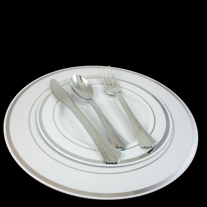 240 People Dinner Wedding Disposable Plastic Plates Silverware Silver Rim Party