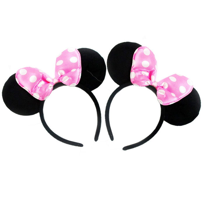 2 Pc Minnie Mouse Ears Headbands Pink Polka Dot Bow Costume Party Favor New Gift