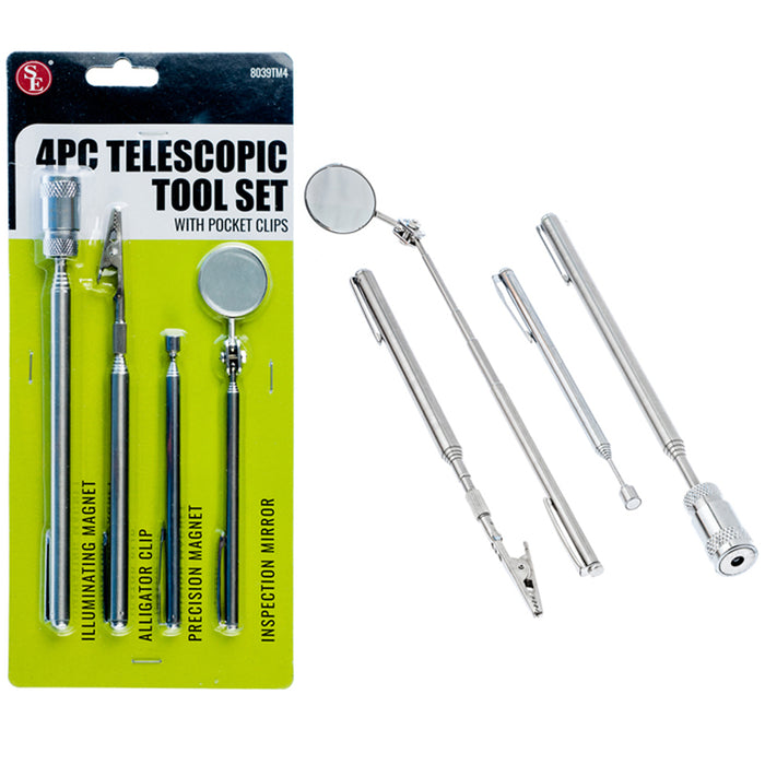 4Pc Telescopic Tool Set Alligator Clip Inspection Mirror Illuminated Magnet Pole