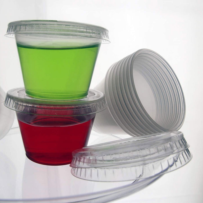 32 Ct Mini Cups with Lids 2.5oz Plastic Ramekin Sauce Shot Glasses Portion