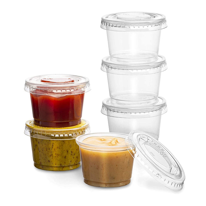 64 Ct Disposable Plastic Mini Cups Lids 2.5oz Condiments Sauce Dressing Portion