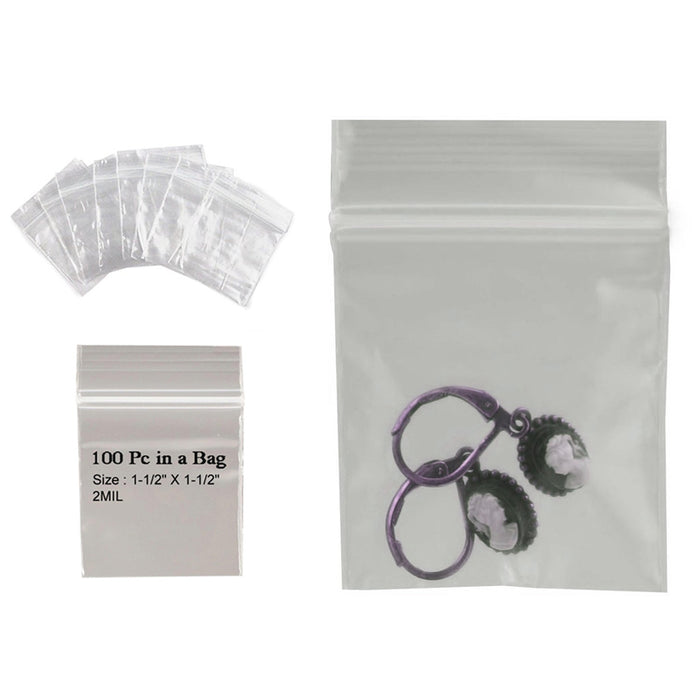 200 Pc Reclosable Clear Poly Bags W 1 1/2x 1 1/2 H Seal Lock Bag 2 Mil Storage