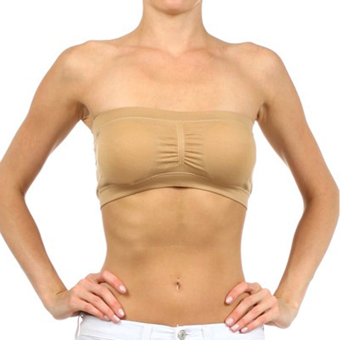 Seamless Tube Top Bandeau Stretchable Spandex Bra Removable Pads Crop Khaki Tan