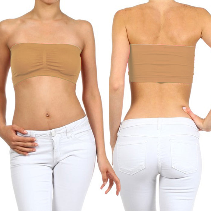 3 Beige Seamless Bandeau Bra Tube Crop Top Spandex Removable Pads Khaki One Size