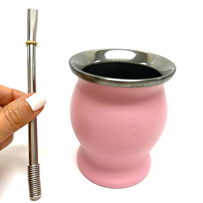 Unbreakble Stainless Steel Cup Drink Mate or Tea with Bombilla Set Pink