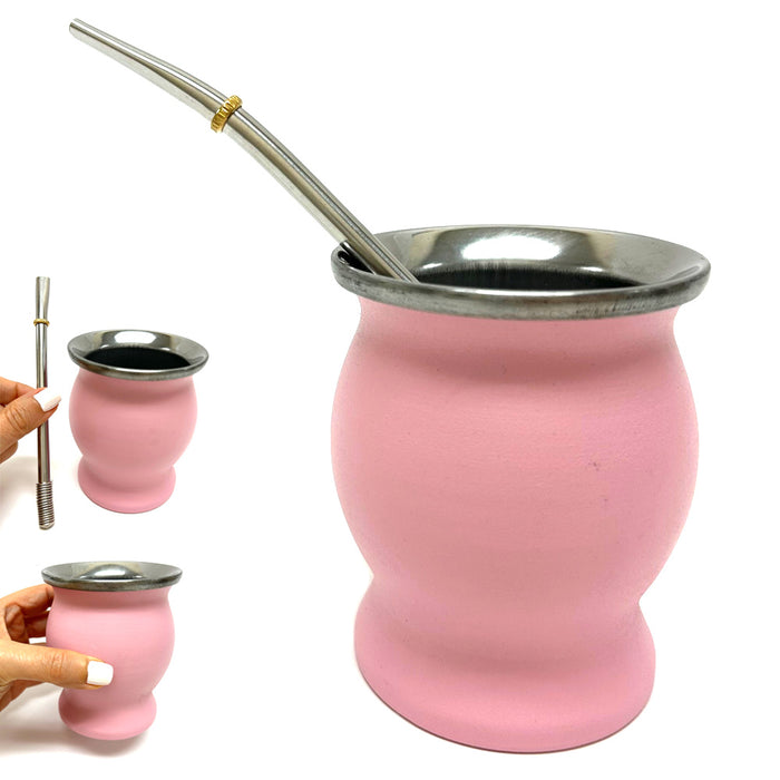 Unbreakble Stainless Steel Cup Drink Mate or Tea with Bombilla Set Pink