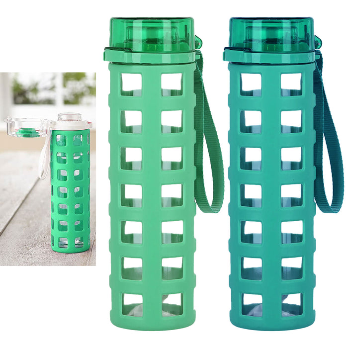 2 Pc Glass Water Bottle 20oz Wide Mouth Tumbler Leakproof Silicone Sleeve Sports