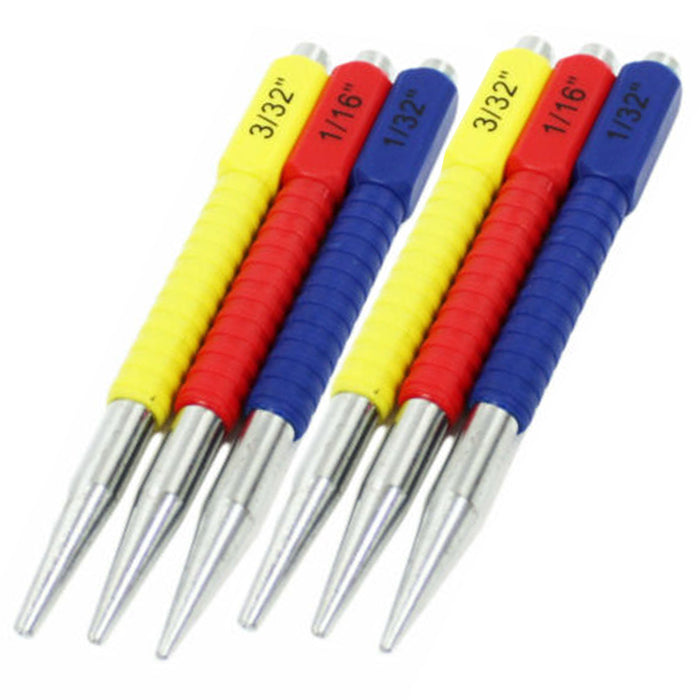 6 Assorted Nail Pin Punch Set Hardened Steel Precision Center Color Coded Tool
