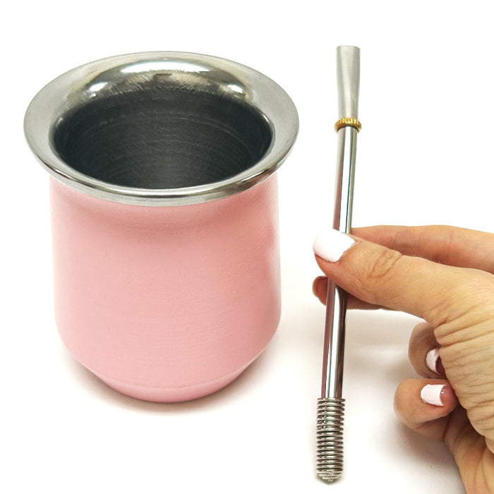 Argentina Yerba Mate Cup Tea Gourd Stainless Steel Bombilla Kit Double Wall Pink