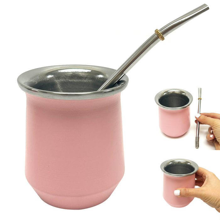 Argentina Yerba Mate Cup Tea Gourd Stainless Steel Bombilla Kit Double Wall Pink