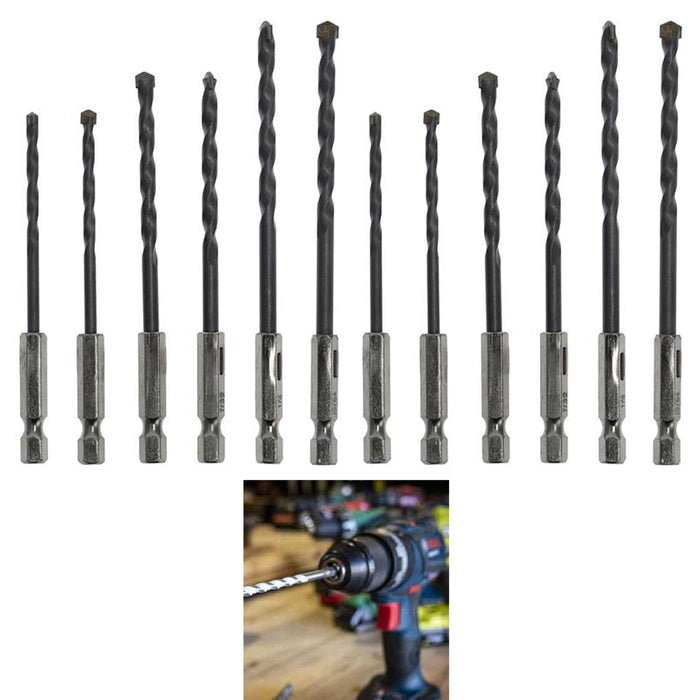 12 Pc Steel Hex Shank Masonry Drill Bit Set 1/4 5/32 11/64 13/64 7/32 15/64 Tool