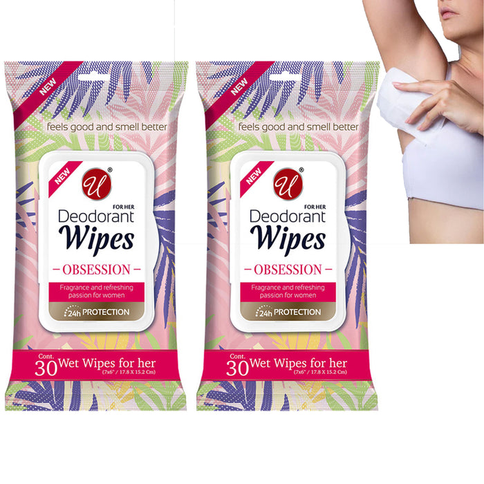 2 Packs Women's Deodorant Wipes Refreshing Moist Body Cleaning Fresh Scent 60 Ct