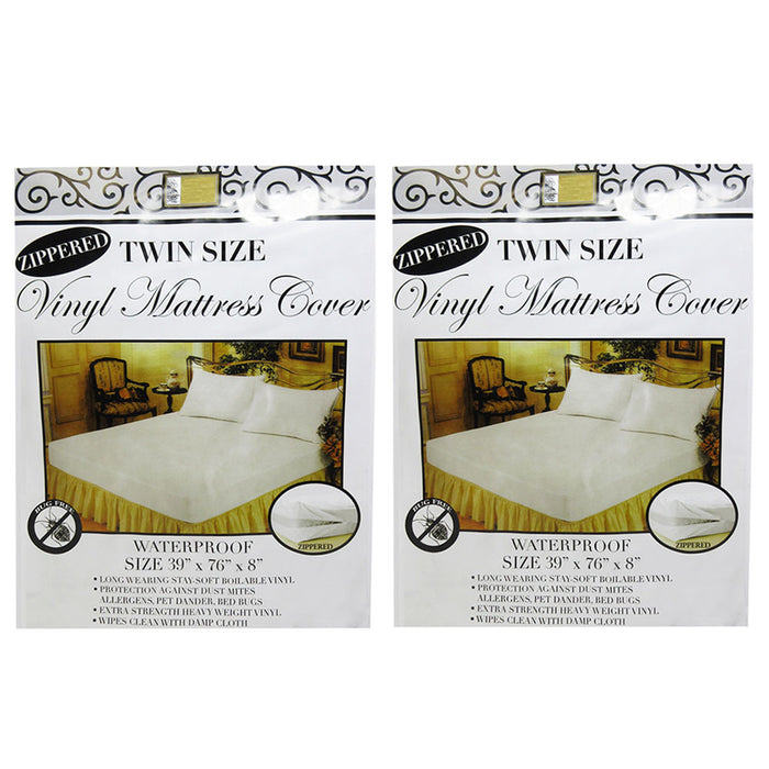 2 Pc Twin Vinyl Zippered Mattress Cover Waterproof Bed-Bug Proof Dust Protector