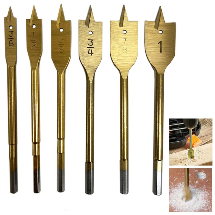 6 Spade Drill Bit Set Paddle Flat Bits Hole Cutter Titanium Coating Woodworking