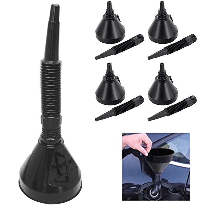 4 Sets Fuel Funnels Car Auto Black Plastic Flexible Spout Filter Gas Oil Water