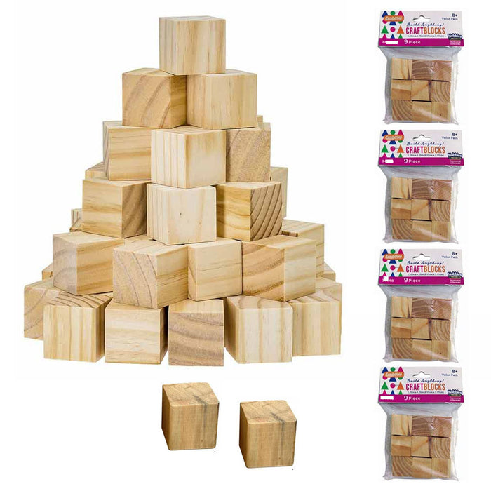36 Pc Craft Blocks Natural Wooden Cubes Unfinished Hardwood Square Wood 1.25"