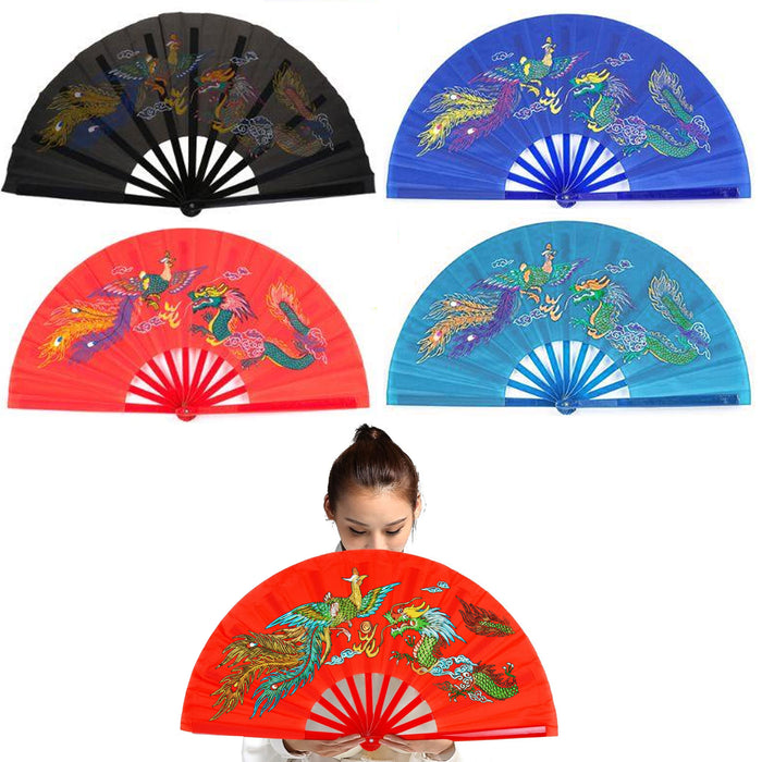 2 Large Folding Hand Held Fan Dance Kung Fu Fighting Thai Chi Nylon Party Gift